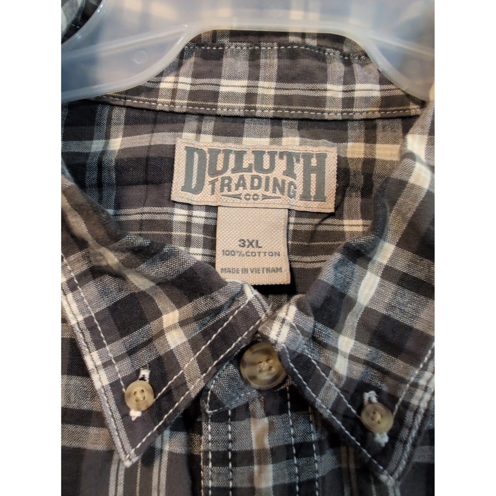 Duluth Trading Co Men 3XL Plaid Button Down Shirt Short Sleeve Cotton Grey Black - Picture 3 of 6